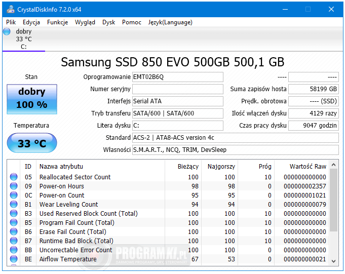 CrystalDiskInfo – Program do monitorowania stanu dysków twardych HDD/SSD