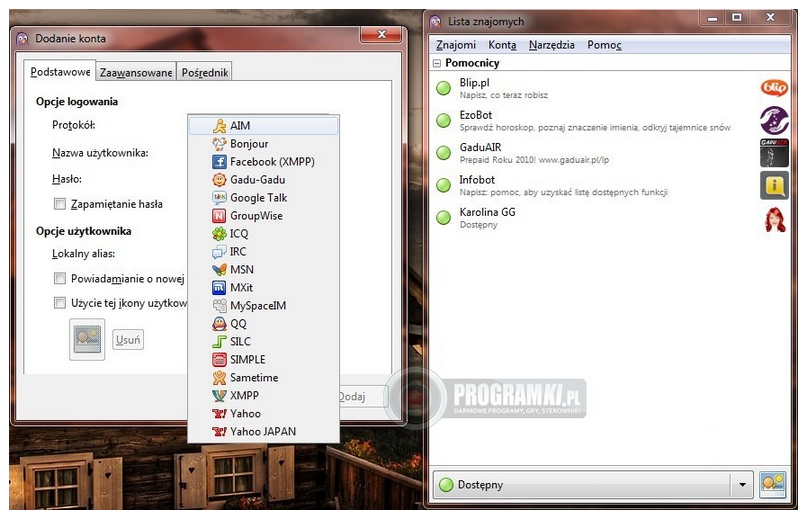 Pidgin – darmowy program do komunikacji z użytkownikami sieci Gadu-Gadu, ICQ, IRC, MSN, MySpaceIM, XMPP, Yahoo! i ze znajomymi z Facebooka