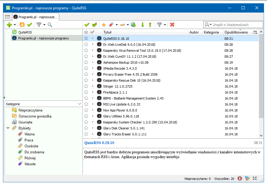 QuiteRSS – Program do czytania kanałów RSS i Atom