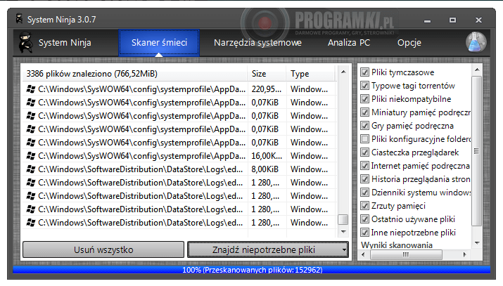System Ninja – Program do usuwania zbędnych plików z systemu