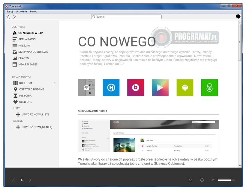 Tomahawk – Odtwarzacz muzyczny z integracją sieci społecznościowych