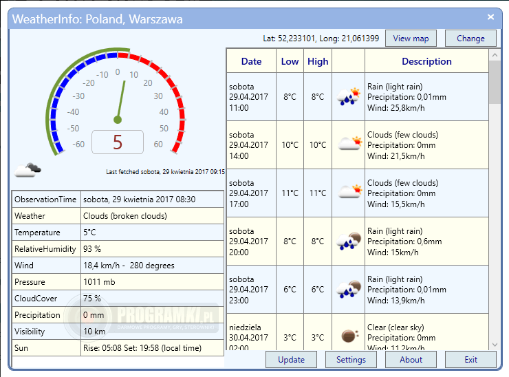 WeatherInfo – Program wyświetlający prognozę pogody na najbliższe 5 dni